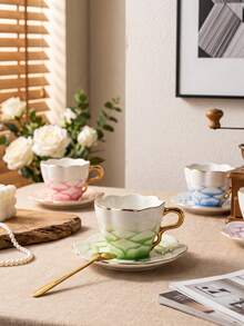 DearDali 2pcs (1cup+1saucer) 80ML Gradient Gold Rim Petal Ceramic Cup And Saucer Set, French Style Teacup, Luxury Porcelain Cup, Exquisite Lace Tableware, Arabic Coffee Cup, Suitable For Coffee Or Tea, Fun Gift Cup For Friends - Multicolor - View 5