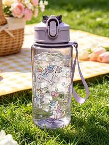 1PC 500ml Cartoon Transparent Straw Water Cup, 4 Cute Patterns: Candy, Unicorn, Airplane And Marine Life, Fresh Dopamine Color Palette. With Pop-Up Straw Lid, Portable Hanging Rope, Lightweight And Convenient For Back To School, Outdoor Camping, School Commute, Suitable For Kids. Can Hold Ice Water And Room Temperature Water, Do Not Fill With Hot Water Above 50°C, Perfect For Gifts Or Personal Use. - Multicolor - View 13