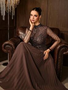 Elegant Women's Long Sleeve Stand Collar Rhinestone Pleated Maxi Dress, Suitable For Formal Evening Banquets And Balls - Coffee Brown - View 3
