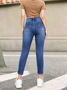 YANGCANREN Teen Girl Casual Versatile Denim Long Pants With Pockets And Buttons - Royal Blue - View 2