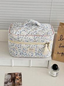 1pc/3pcs Light Blue Quilted Makeup Bag Set With Floral Pattern, Suitable For Travel; Zippered Storage Bag With Rope Texture Design For Organizing Cosmetics; Mini Pen Case With Fresh Soft Floral Pattern Design, Specially Designed For Girls, Suitable For Daily Makeup, Skincare, Travel And Stationery Storage - Multicolor - View 4