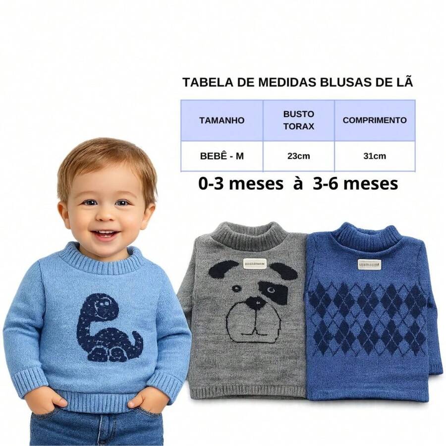 Kit 3 Blusas Lã Infantil Menino Sueter Tricô Premium 0 a 12 anos - m - Visão 1