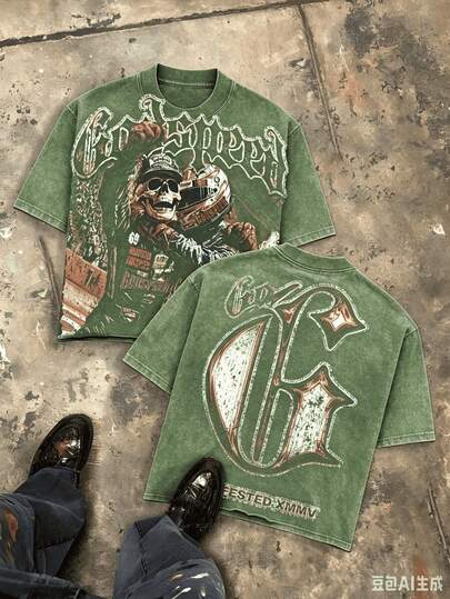 1packY2K Tops, Godspeed Skull Biker Flame Rush Graphic Oversized Tee, Streetwear, Vintage, Dark Rebel Motorcycle, Aesthetic, Baggy,   For Mensoft