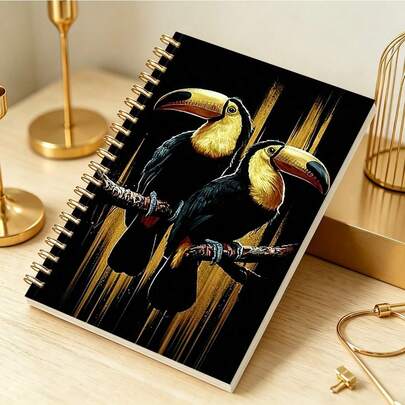 1PC A5 Spiral Notebook With Toucan And Toucan Art Patterns - Black And Gold Tropical Cover, Green Leaf Design, Perfect For Diaries, Schools, Offices, Travels - Gifts For Nature Lovers, Ornithologists, Birdwatchers