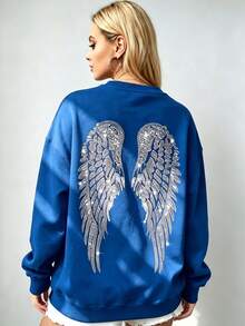 Women's Oversized Angel Wings Print Hoodie - Black Y2K Back Graphic Pullover,  Fall Winter  Streetwear , Comfy Oversized Silhouette2026 - 藍色2 - 查看 2