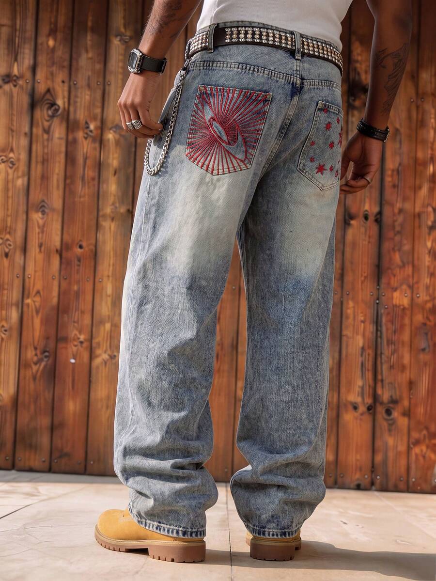 Celana Jeans Pria Model Vintage Washed dengan Potongan Lebar, Jahitan Belah 3D, Bordir Bintang Merah Berputar di Saku Belakang, Celana Panjang Kasual Serbaguna dengan Potongan Lurus Longgar - Biru - View 1