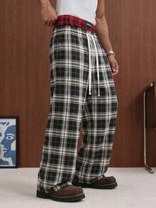 Men's Plaid Wide Leg Pants, Comfortable Fabric With Structured Fit, Large Front Pockets For Practical Storage, Natural Stacked Hem For Relaxed Vibe, Versatile For Any Shoe Style, Ideal For Couples Outings And Light Outdoor Activities - Grey - View 3