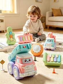 1件可愛嬰兒音樂卡車玩具，附鋼琴/吉他/鼓，1-3歲幼兒早期教育感官摩擦車，ABS材質，優質兒童禮物 - 彩色 - 查看 2