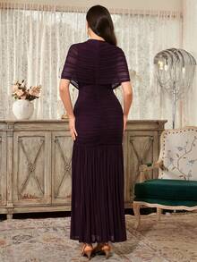 Elegant Women's Charming Long Stand Collar Pleated Chest Formal Evening Gown, Ruffle Flare Skirt, Perfect For Special Occasions - Maroon - View 3