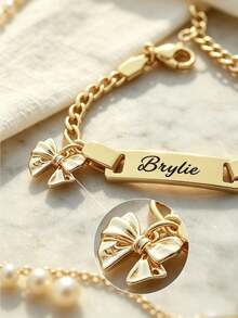Customized Stainless Steel Laser Engraved Personalized Name Bow Bracelet, Cute Unisex Fashion Jewelry, Unique Gift For Boys Girls Graduation Back To S - Multicolor - View 9