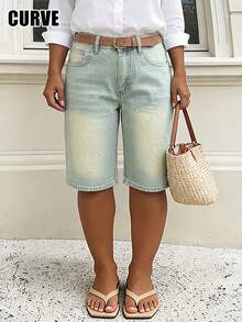 Mid-Waist Non-Stretch Vintage Retro Casual Women's Plus Size Denim Bermuda Shorts - Dark Wash - View 1
