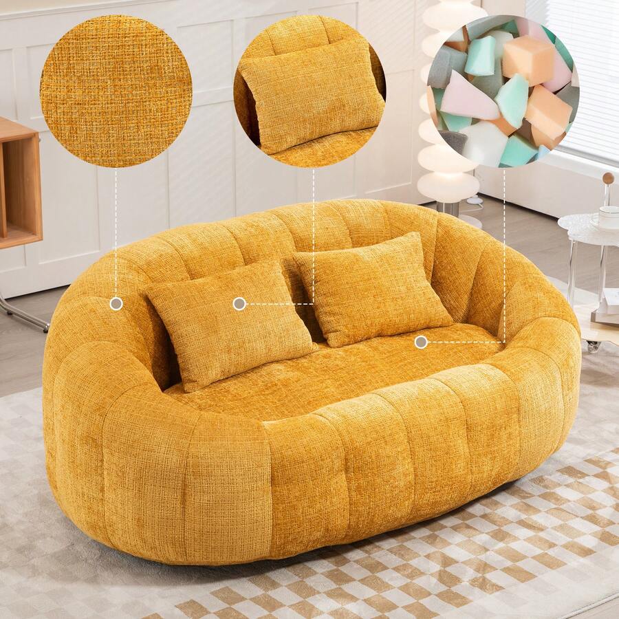 Bean Bag Sofa - Beige Chenille, Comfortable Accent Chair For Home And Outdoor Use - 黃色 - 查看 1