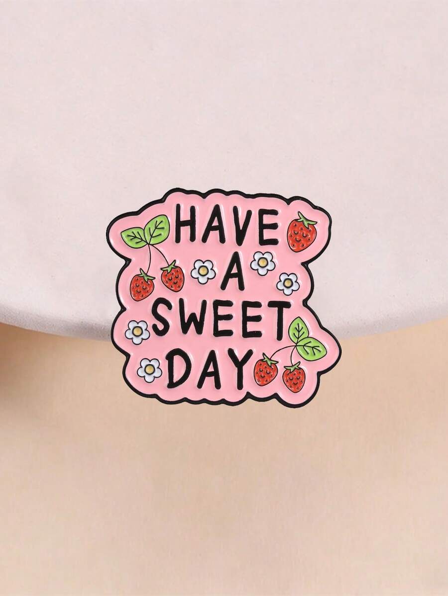 Strawberry Floral Positive Quote Enamel Pin, Sweet Irregular Cartoon Brooch - Pink - View 1
