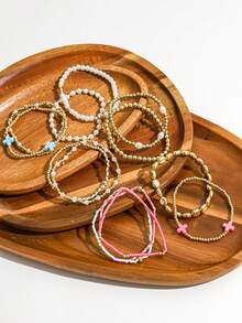 Juego de 13 pulseras elásticas con cuentas en forma de cruz y bloques de color dopamina para mujer, estilo francés suave, con perlas falsas, multicapa y apilables - Dorado - Ver 2