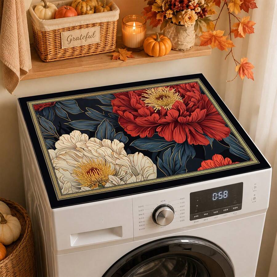 1PC Vintage Luxury Peony Print Washing Machine Top Mat, Non‑Slip Dust‑Proof Washer Dryer Counter Protector Pad, Retro Laundry Room Home Decor - Multicolor - View 1