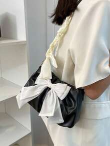 Women's Bow Decor Pleated Chain Shoulder Bag - Black - View 6