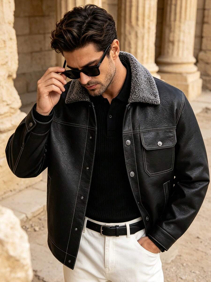 Men's Autumn/Winter Minimalist Thermal-Lined Leather Jacket With Pockets - Black - View 1