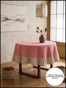 1pc Red And White Plaid With Beige Ruffle Edge Round Tablecloth, Classic Country Style, Beige Ruffle Edge Patchwork Detail Decoration, Functional Home Round Tablecloth Suitable For Family Dining And Cozy Home Decor Scenes - Red - View 12