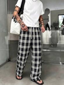 Men's Plaid Wide Leg Pants, Comfortable Fabric With Structured Fit, Large Front Pockets For Practical Storage, Natural Stacked Hem For Relaxed Vibe, Versatile For Any Shoe Style, Ideal For Couples Outings And Light Outdoor Activities - Grey - View 6