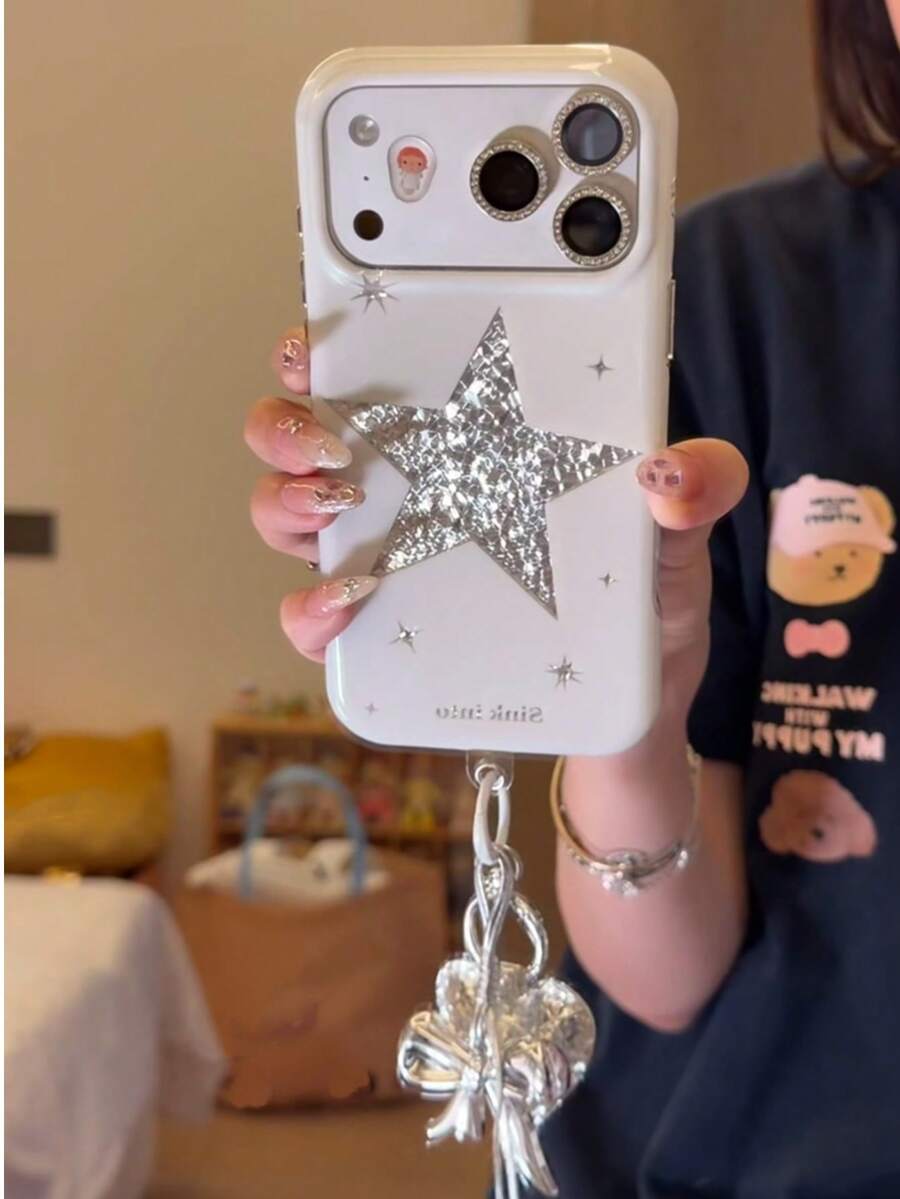 Ins Style Apple 17 Phone Case Sweet Cool Star Pendant Compatible With Apple 17 Pro Max Phone Case 16 Acrylic Protective Cover 18 Pro Max Korean Gentle Style 15 New 18 - White - View 1