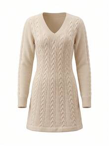 Women's Solid Color V-Neck Casual Daily Knit Dress Fall - Apricot - View 6