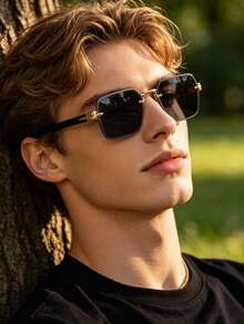 1 Pair Men's Fashion Decorative Glasses, Gold Plastic Material, Solid Color Pattern, Vintage Style, Square Rimless Glasses, Suitable For Daily Wear, Driving, Hiking, Summer Beach, Outfit Matching, Street Photography, Various Festivals, Parties And Other Occasions, Can Be Used As A Gift, Suitable For All Face Shapes, High Quality Glasses, Fashion Accessory - Multicolor - View 6