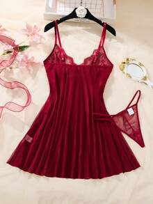 Conjunto de 2 Peças Feminino Pijama de Renda Transparente Vermelho Vinho com Alças Finas e Calcinha, Roupa de Dormir, Pijama de Halloween - Vinho - Visão 2