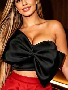 AOMEI 女款性感迷人黑色抹胸短版蝴蝶結上衣，適合夏季晚宴、派對、酒吧、畢業季與開學季 - 黑色 - 查看 6