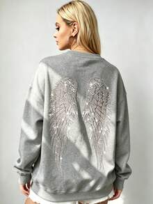 Women's Oversized Angel Wings Print Hoodie - Black Y2K Back Graphic Pullover,  Fall Winter  Streetwear , Comfy Oversized Silhouette2026 - 運動灰2 - 查看 3