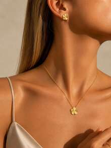VceTd 1/2/3PCS Elegant Five-Petal Flower Textured Design Stainless Steel Women's Jewelry Set Suitable For Women's Daily Wear, Evening Events, Vacation Or Gifts - Yellow Gold - View 3