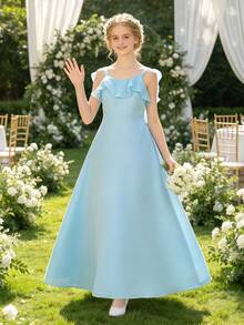 Tween Girls Elegant Flower Girl Dress, Solid Color Spaghetti Strap V-Neck Ruffle Formal Evening Wedding Bridesmaid Dress, Performance Birthday Party Christmas Ball Gown For 8-12 Years Old - Blue - View 2
