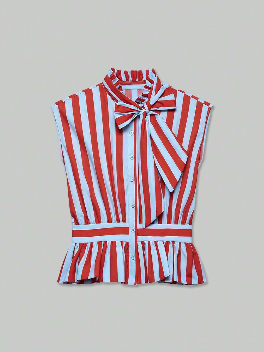 YROOE Women's Spring/Autumn Striped Bow Collar Ruffle Top, Sleeveless Front Button Casual Blouse, Summer Style - Multicolor - View 1
