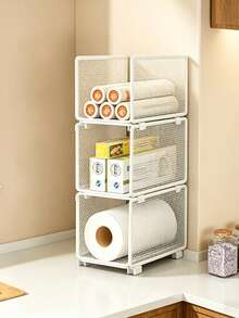 A Stackable Kitchen Storage Basket, Stackable Grid Layered Storage Rack, Vertical Stacking Cabinet Storage Basket, Kitchen Paper, Cling Film, Seasoning Bottle, Household Cabinet Storage And Organizing Accessories Combination Set - one-size - View 6