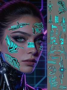 3Sheets Large Luminous Sci-Fi Machinery Design Temporary Tattoo Stickers For Men Women,Waterproof Female Robot Cyberpunk Futuristic Mechanical Line Pattern Glow In Dark Temporary Tattoos Cosplay Mech Party Body Decoration Stickers,Halloween Costume - Multicolor - View 3