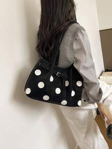 女款時尚百搭通勤單肩包 春夏新款學生大容量托特包 編織購物袋 - 黑與白 - 查看 6
