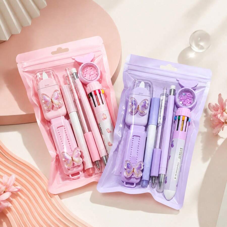 Pink Purple Gradient Butterfly Decor Stationery 6-Piece Set, Writing Correction Marking One-Stop Student Back To School Stationery Gift - Multicolor - View 1