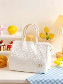 1pc/10pcs Sweet Fresh Style Quilted Fabric Rectangular Lunch Tote Bag, Diamond Embossed Pattern, With Rope Handle And Tag, Zipper Closure Insulated Food Container, Portable Thermal Cooler Bag, Suitable For Office Work, School, Picnic And Outdoor Daily Use - View 13