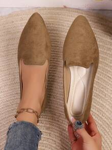 1 Pair Women Khaki Pointed Toe Slip‑On Loafers Fashion Flat Shoes - Khaki - View 6