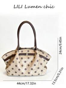 Polka Dot All-Over Print With Leather Patchwork Detail Decoration, Large Compartment For Storing Various Items, Vintage Style Handbag For Women, Shopping, Commuting And Travel, Long Handle Design, Simple Large Capacity Tote Bag - Khaki - View 2