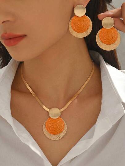 3 Peças Conjunto de Joias Feminino Elegante e Minimalista Estilo Metal, Colar + Brincos, Design de Pingente em Bloco de Cor Preto + Dourado com Disco Espiral de Impressão Digital Geométrica Escovada, Corrente Plana de Cobra, Acessório Único e Personalizado para Uso Diário, Festa, Estilo de Rua e Férias