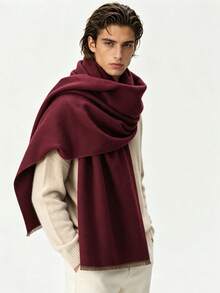 Low-Key Premium Solid Color Men's Long Fur Scarf, Thick Soft Fabric, Intellectual Style Daily Wear Warm Neck Warmer, Oversized Wide Shawl - Burgundy - View 5