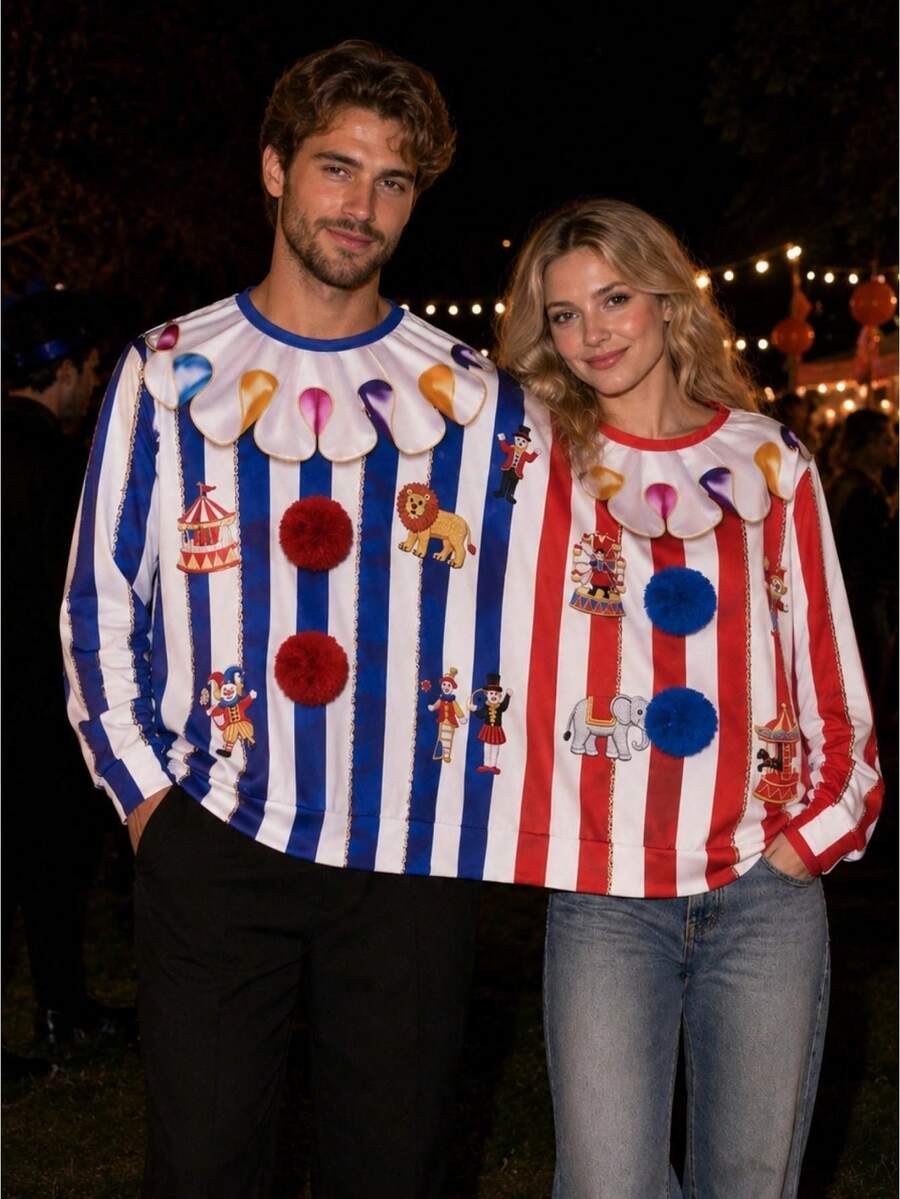 Couples Halloween Clown Costume 2-Person Conjoined Pullovers For Cosplay - Blue and Red - View 1