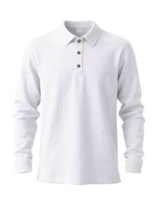 Men's Vacation Style Loose Linen Long Sleeve Polo Shirt, Casual Henley Collar Shirt For Daily Commute, Summer Beach Outfit Top - White - View 3