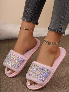 Women's Open Toe Flat Fuzzy Slippers With Colorful Sequin Decor, Hot Girl Style, Warm Casual Home Slippers For Autumn/Winter - Pink - View 4