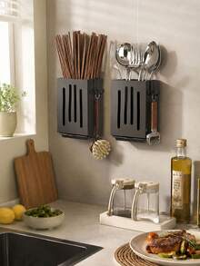1pc Wall-Mounted Kitchen Utensil Rack With Drip Tray, Multi-Function Self-Draining Spoon, Fork And Chopstick Storage Box, Space-Saving Utensil Organizer, Suitable For Spoons, Forks And Chopsticks - View 4