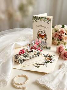 1件 3D婚禮賀卡，含汽車與圖案設計，附卡片與信封，極簡婚禮卡，送給家人與朋友的禮物，祝福卡，3D摺疊卡，感謝卡，多功能創意婚禮卡 - 查看 5