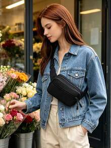 Tas Dada Mini Wanita Serbaguna Bergaya, Terbuat dari Kain Nilon Warna Polos, Tas Ponsel & Dompet Koin Minimalis Sporty - Hitam - View 5
