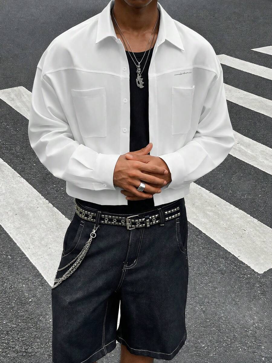 HOMIIE Men White Boxy Cropped Long Sleeve Button Up Shirt, Lapel Collar Dual Chest Pockets, Minimal Letter Print Streetwear Autumn Casual Daily Top - White - View 1