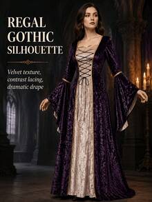 Halloween Cosplay Costume Witch Outfit Women Vampire Costume Lady Medieval Queen Costume Gold Velvet Robe Long Sleeve Renaissance Dress Lace-Up Corset - Purple - View 11