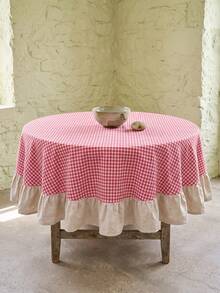 1pc Red And White Plaid With Beige Ruffle Edge Round Tablecloth, Classic Country Style, Beige Ruffle Edge Patchwork Detail Decoration, Functional Home Round Tablecloth Suitable For Family Dining And Cozy Home Decor Scenes - Red - View 6